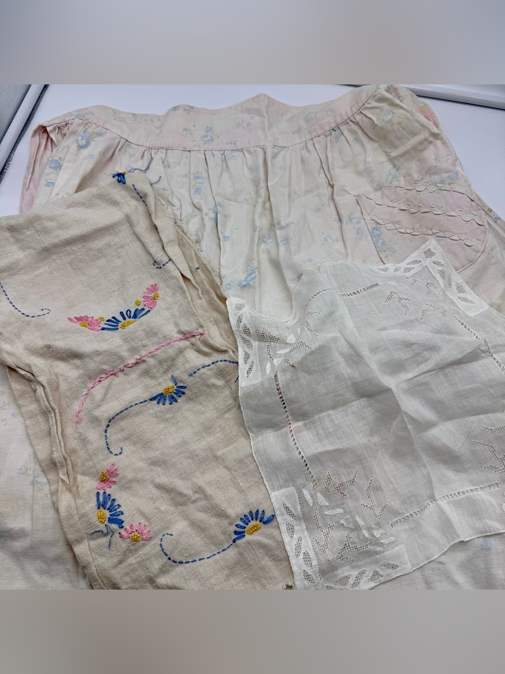 Vintage Linen Apron Embroidered Hand Towel Handkerchief Textile Bundle